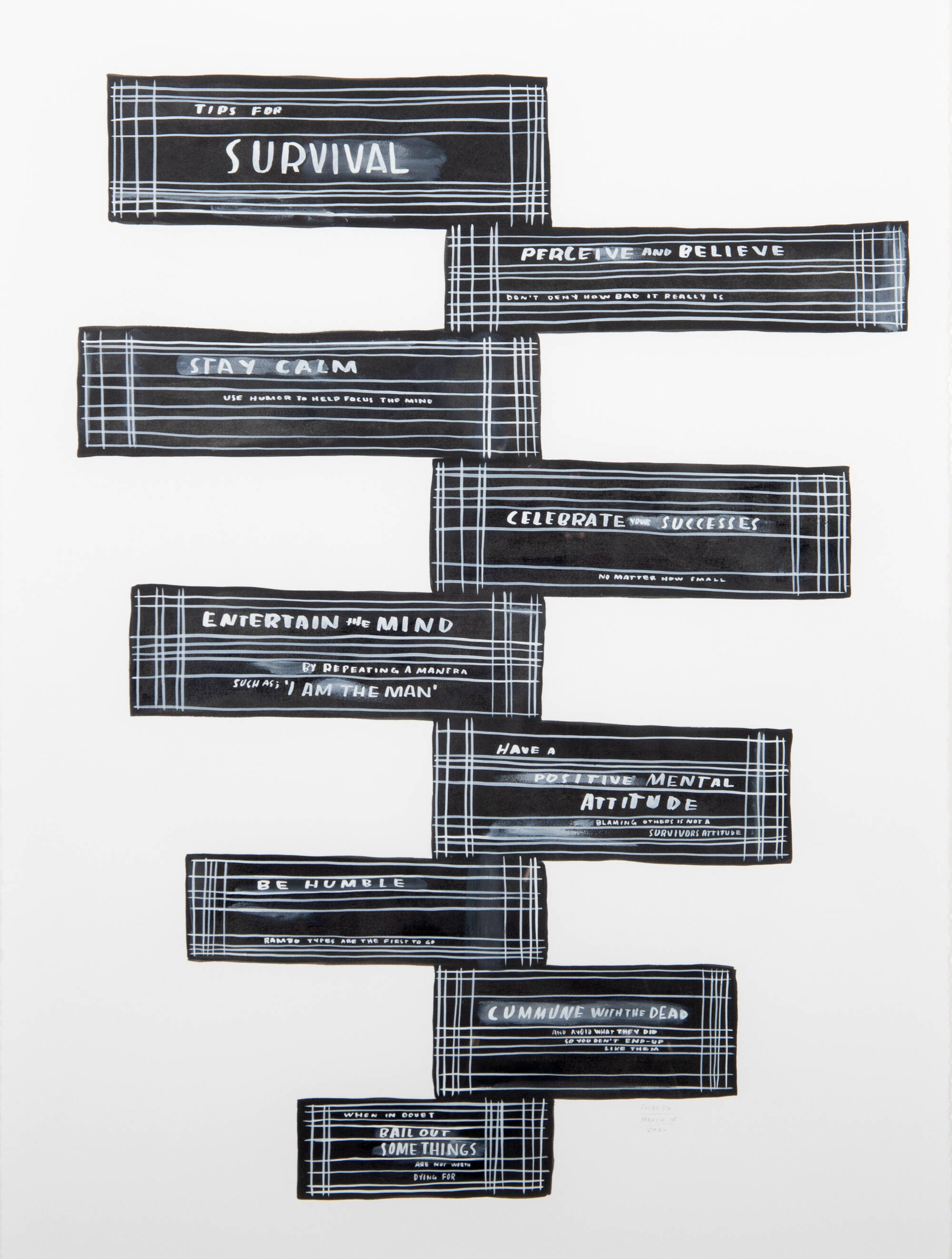 Black and white plainting of stacked black rectangular with white text and lines inside each.